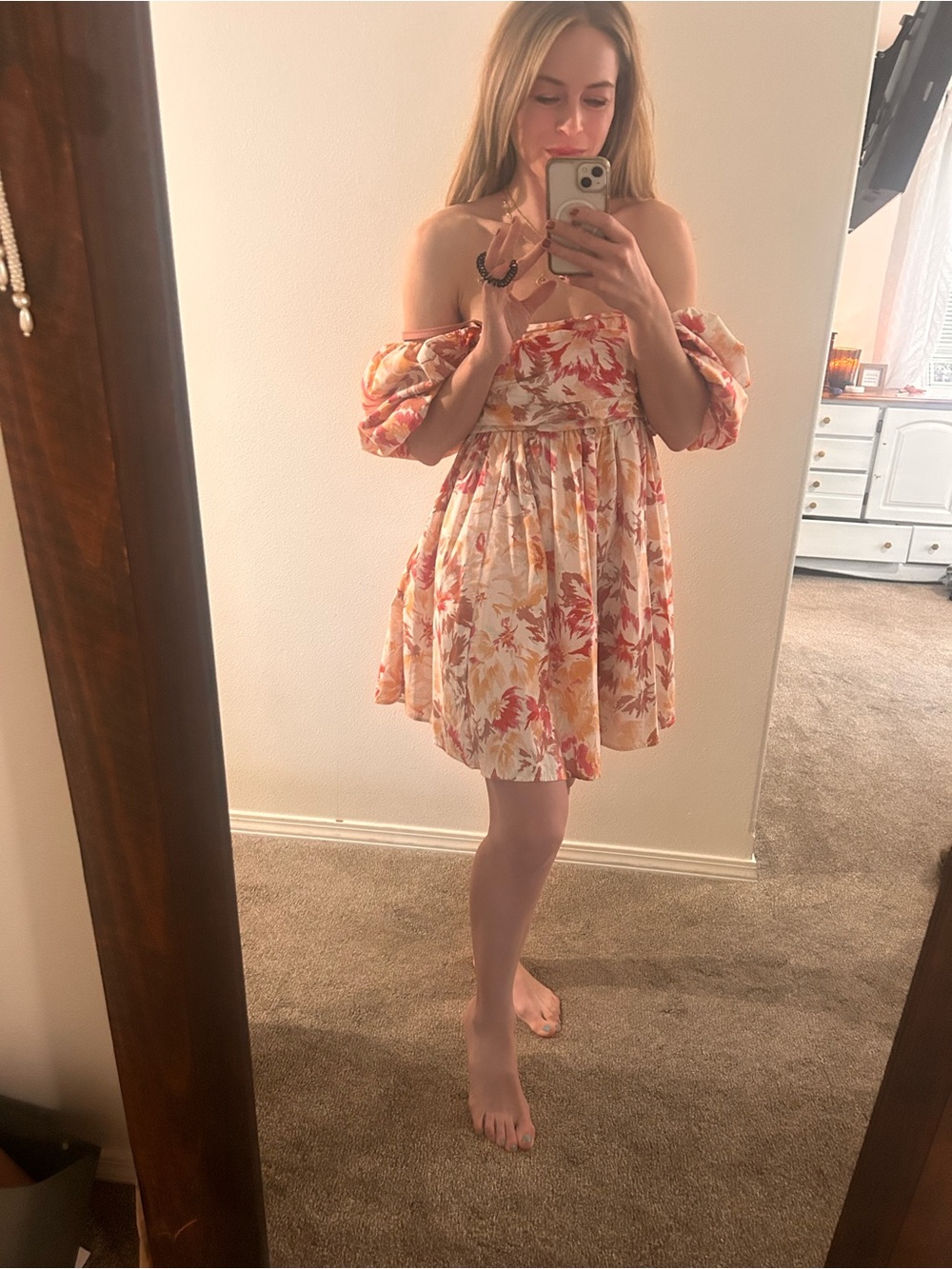 Abercrombie & Fitch Floral Off-Shoulder Mini Dress in Cream, Pink, Orange